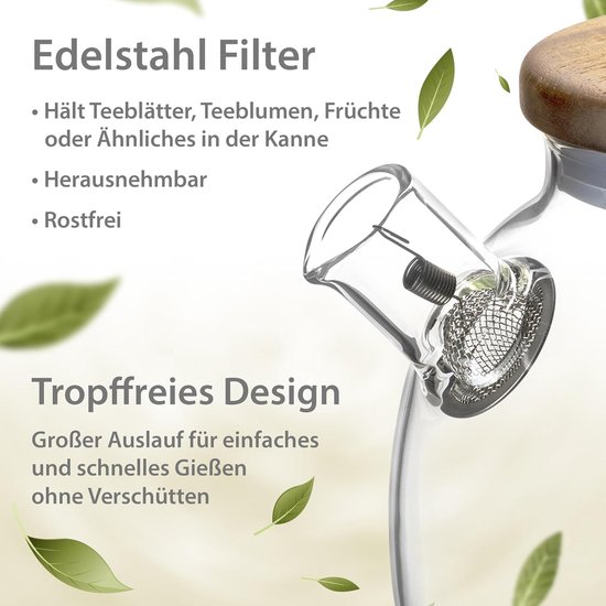 Waterscheiding, glazen theepot met zeef, magische glazen theepot met infusor, transparante theepot met imitatiehouten handvat, koudebestendig en hittebestendig, voor thuis, op de werkplek (800 ml