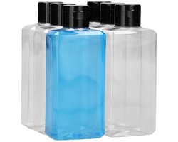 6 x 250 ml moderne rechthoekige fles PET transparant + Klepdop zwart - PET Kunststof BPA-vrij - Plastic Flessen Navulbaar - Met Dop - Lege Flessen - 6 stuks