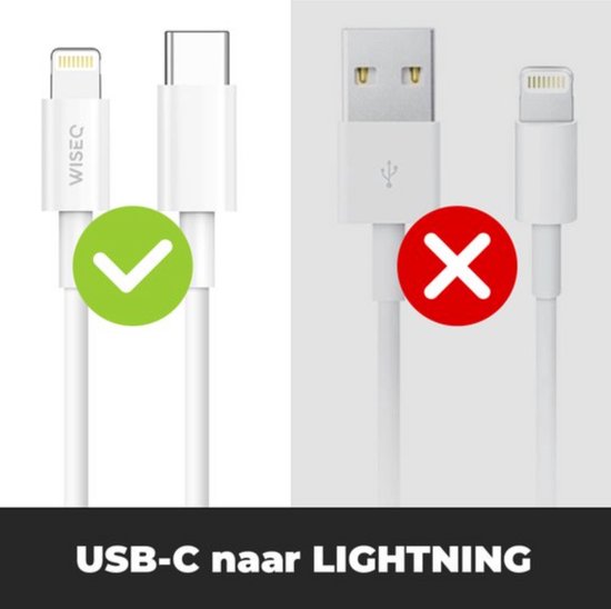 Vergelijking van USB-C naar Lightning kabel: WiseQ kabel met groen vinkje, andere kabel met rood kruis.