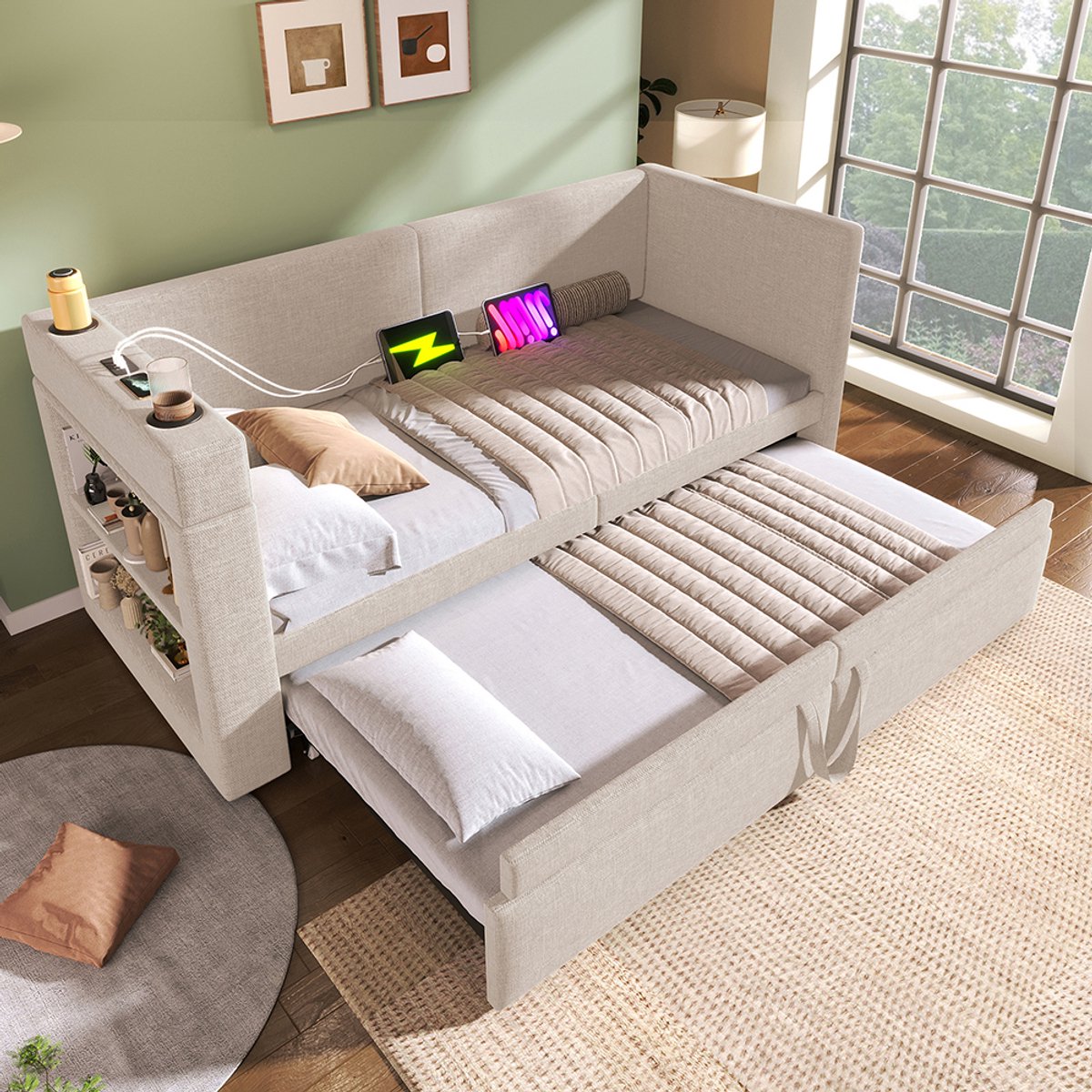 Pugsdrly Gepolsterde Serie - Eénpersoons slaapbank - 90x200 cm - Met uitschuifbaar bed & oplaadpoorten - Linnenmix, beige