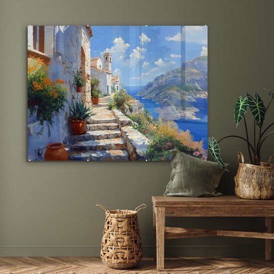 MuchoWow® Glasschilderij 120x90 cm - Schilderij acrylglas - Trap - Huizen - Berglandschap - Zee - Foto op glas - Muurdecoratie woonkamer - Wanddecoratie slaapkamer - Schilderijen