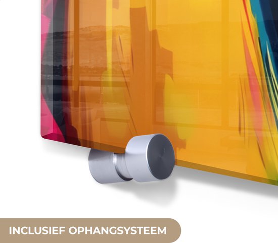 MuchoWow® Glasschilderij 120x80 cm - Schilderij acrylglas - Zonnebril - Roze - Vrouw - Rietje - Foto op glas - Muurdecoratie woonkamer - Wanddecoratie slaapkamer - Schilderijen