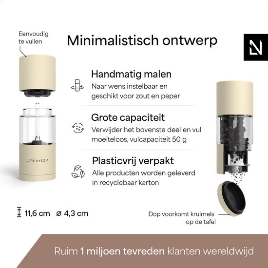 Set 2 Moulins à Sel Et Poivre LARS NYSM - Design Bouteille Acier Inoxydable - Almond Beige