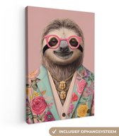 Tableau sur toile 80x120 cm - Décoration murale exclusive Paresseux - Motif floral - Lunettes - Rose - Décoration murale salon - Décoration chambre à coucher - Accessoires de chambre - Tableaux sur toile