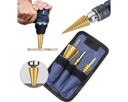HSS Stappenboor Bit Set Van 3 I Trappenboor I Titanium Coating I 3-12 mm/ 4-12 mm / 4-20 mm / I Voor Hout & Metaal I Incl. Opbergtas