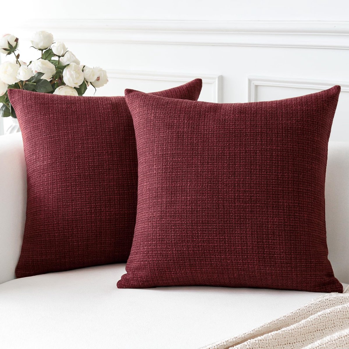 Ibenzoa® Set van 2 Luxe Kussenhoezen, Effen Linnenlook, Polyestervezel, 60x60cm, Wijnrood
