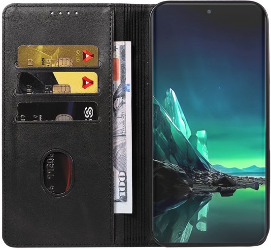 Zwart boekhoesje voor telefoon met pasjeshouders, een geldbiljet en magnetische sluiting.