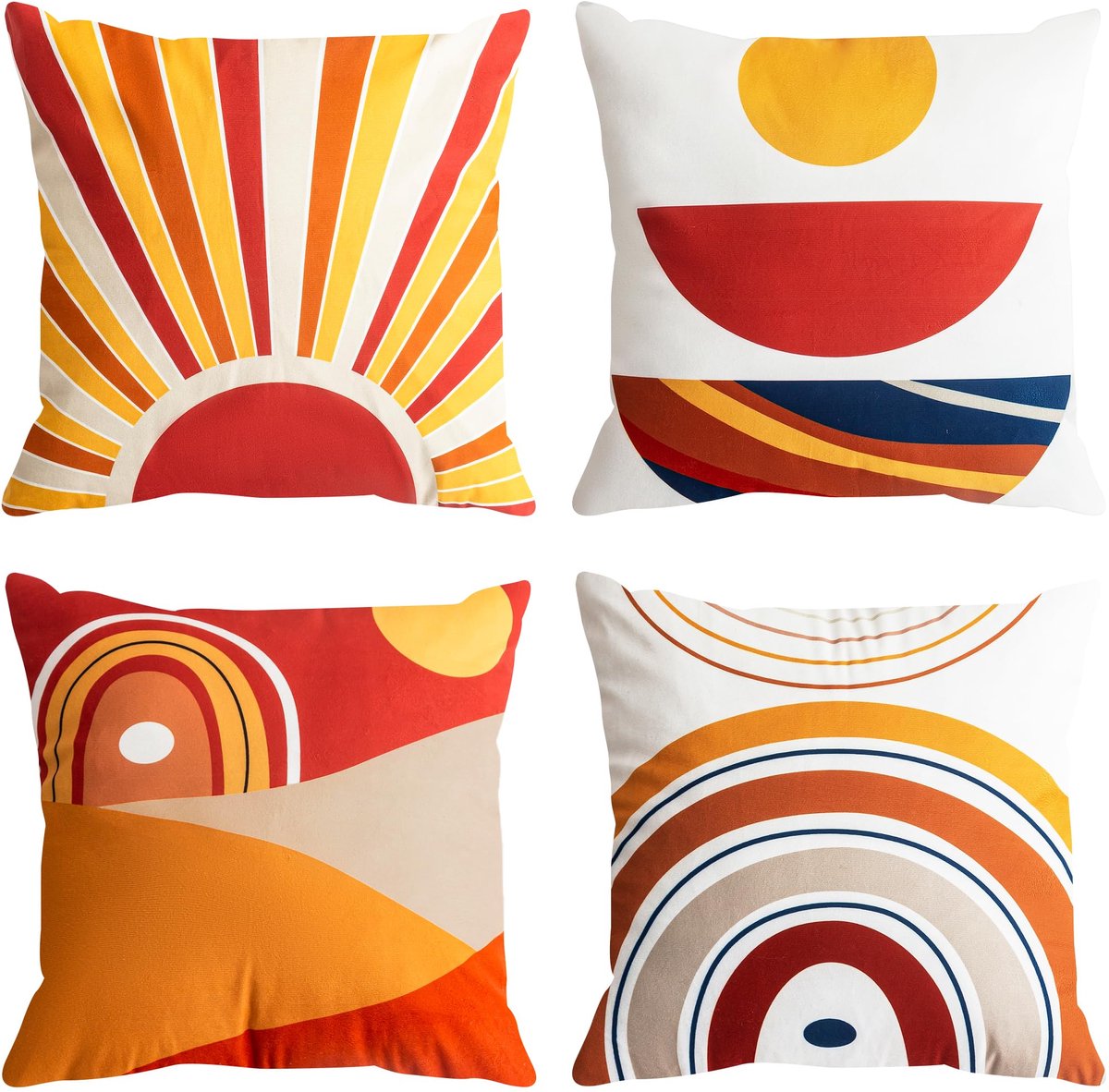 Ibenzoa Set van 4 Kussenslopen: Mid-Century Boheems Design - Zon, Maan, Regenboog kleur