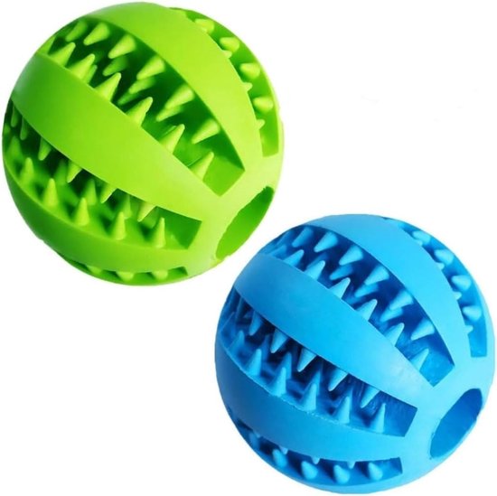 Twee kauwballen, één groen en één blauw, met uitstekende tandjes.