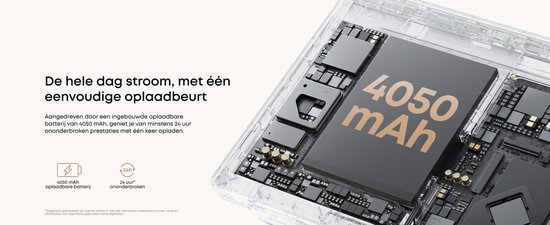 Een close-up van de binnenkant van een apparaat met een grote 4050 mAh batterij.