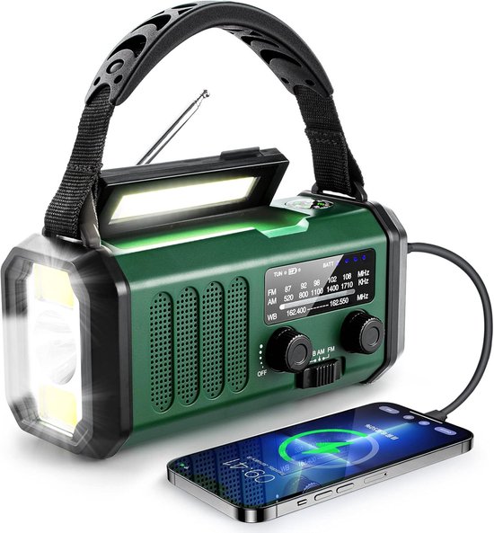 Noodradio – Solar Opwindbaar 10.000mAh – MODEL 2025 – Solar powerbank Zonneenergie – Survival Noodpakket – Zaklamp Oplaadbaar – Noodpakket – Noodrantsoen – Groen