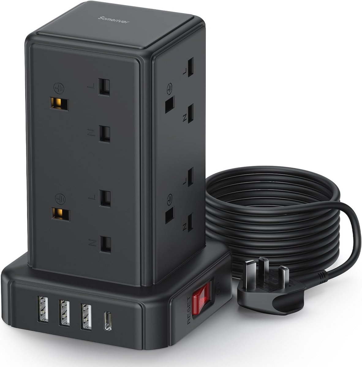 Mini Toren Extensie Leiding met USB Poorten - 8 Wegs Meerdere Stekkers met 4 USB Poorten en Overspanningsbeveiliging - 2M Verlengsnoer voor Thuis, Kantoor en Keuken