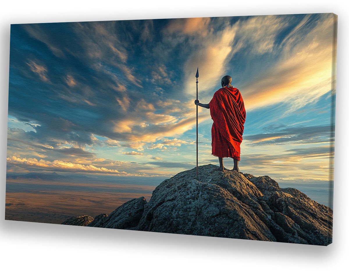 Maasai krijger op rotsen - Warrior canvaskunst - Kunstwerk personage - Realistische kunst