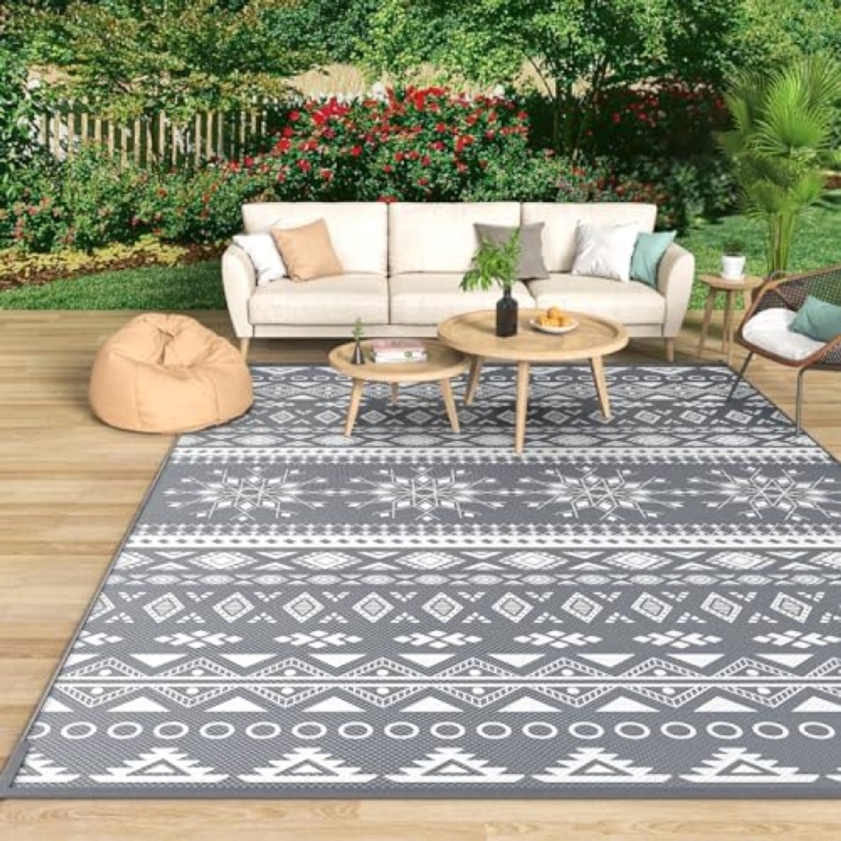 Outdoor tapijt voor patio waterdicht, omkeerbaar tuintapijt 150 x 240 cm, groot kunststof tapijt, lichtgewicht opvouwbare boho-vloerkleden, UV-bestendige indoor outdoor tapijtmatten