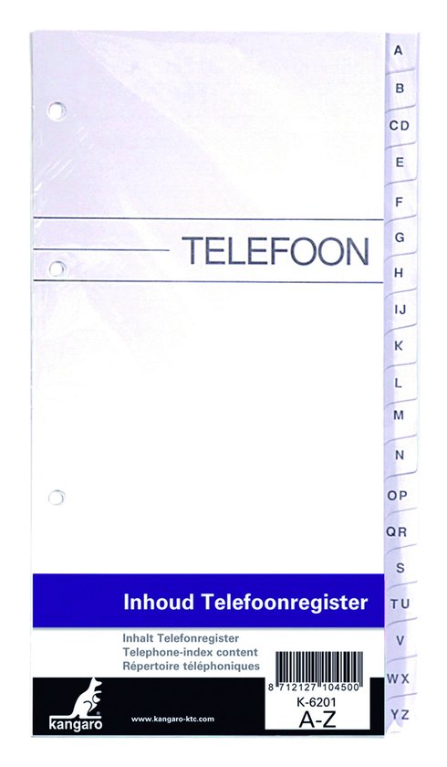Telefoonregister met 4-rings perforatie en alfabetische A-Z tabbladen. 'TELEFOON' en 'Inhoud Telefoonregister' opdruk.