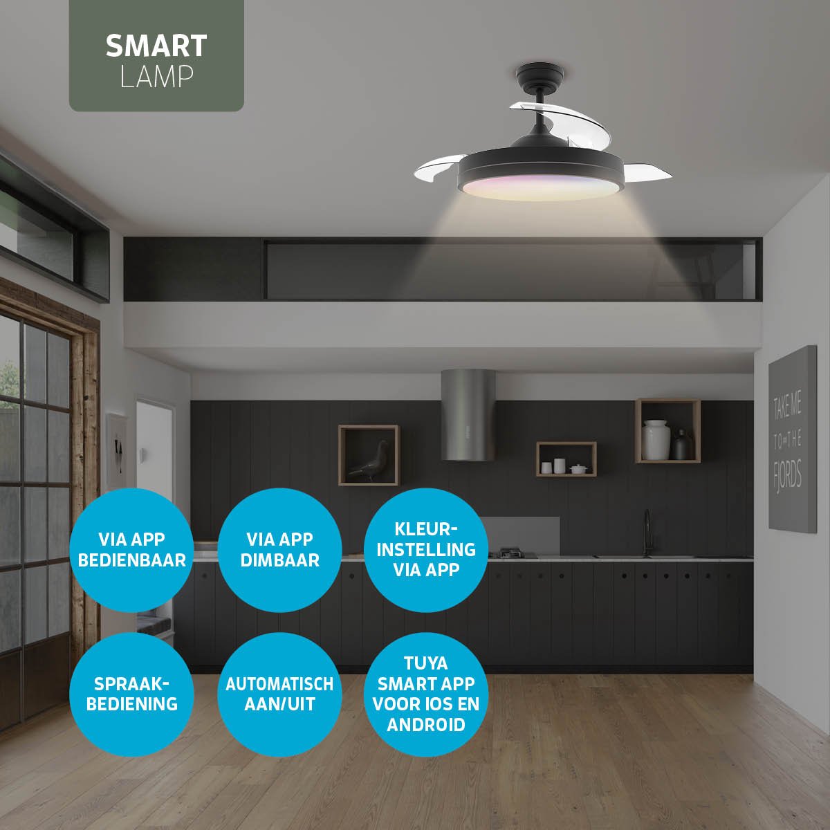 Varin® Smart Plafondventilator met verlichting - Zwart - Tuya Wifi - LED 36W RGBW - Ø 50cm/108cm - Super stil - Smart lamp - Plafondlamp slaapkamer - Plafonniere woonkamer - Plafondlampen - Plafond lamp - Verlichting kinderkamer - Ventilator thumbnail 3