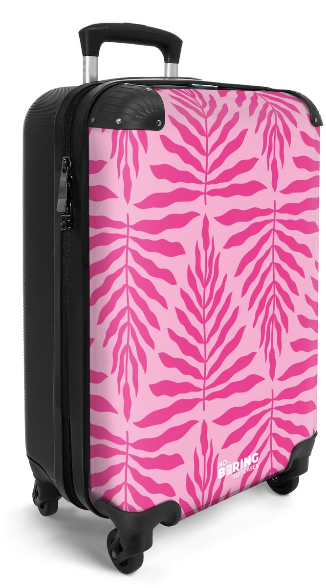 NoBoringSuitcases.com® - Handbagage koffer lichtgewicht - Reiskoffer trolley - Roze bladeren patroon - Rolkoffer met wieltjes - Travel suitcase cabin - Reistrolley met TSA slot - Past binnen 55x40x20 en 55x35x25 - Kleine valiezen