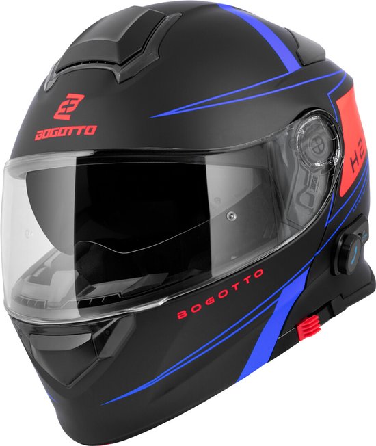Casque Bogotto H271 Taog noir avec visière, rayures rouges et bleues et imprimé.