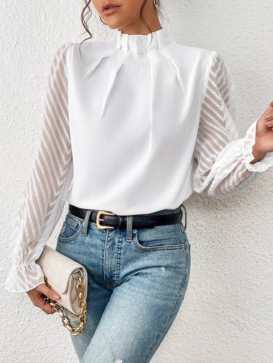 Elegante blouse, damesblouse met coltrui, geplooide top, mesh mouwen, volant, lange mouwen, casual, losvallend, effen kleur, elegante blouses voor op kantoor