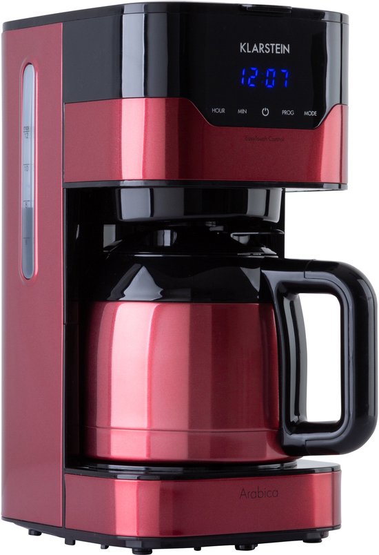 Rood Klarstein Arabica koffiezetapparaat met zwarte thermoskan en display.