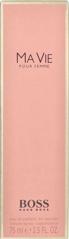 Doosje 'MA VIE POUR FEMME' van Hugo Boss. Roze met goudkleurige randen. Bevat 75 ml.