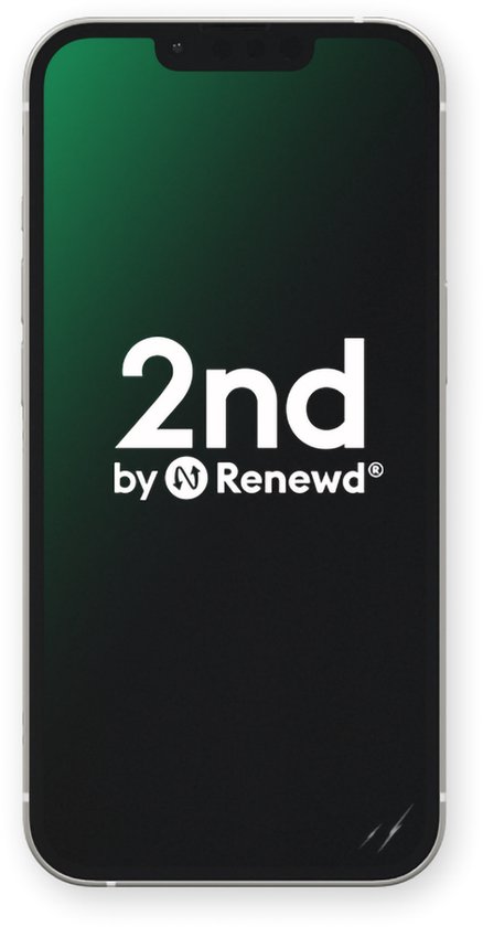iPhone met zwart scherm met het logo '2nd by Renewd'.