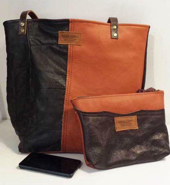 Toetie & Zo Handmade Leather Bag Reversible, shopper, réversible, sac pour ordinateur portable, marron, rouge, orange