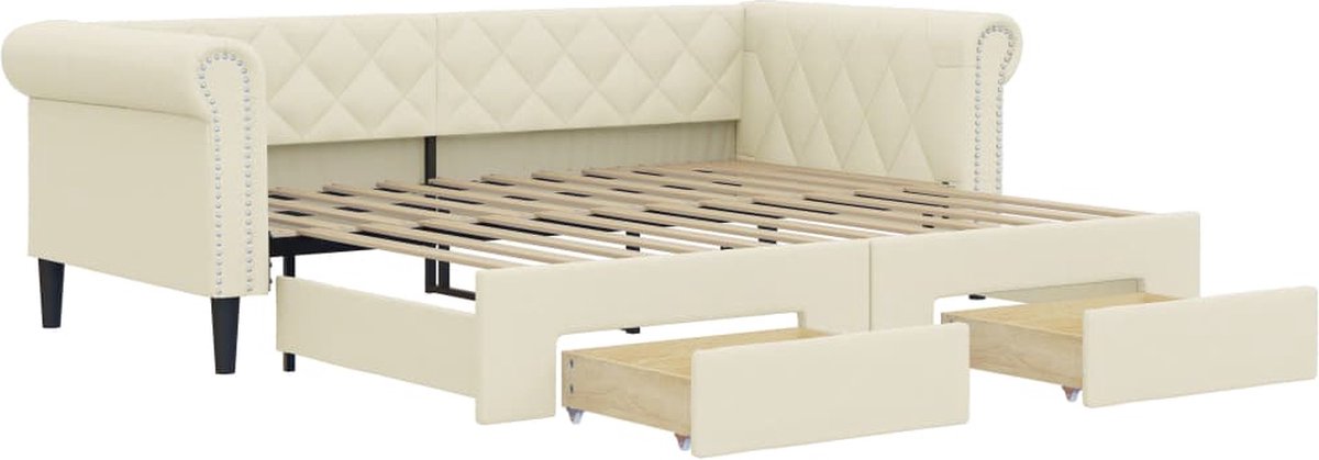 vidaXL Slaapbank - met - onderschuifbed - en - lades - 90x200 - cm - kunstleer - crème