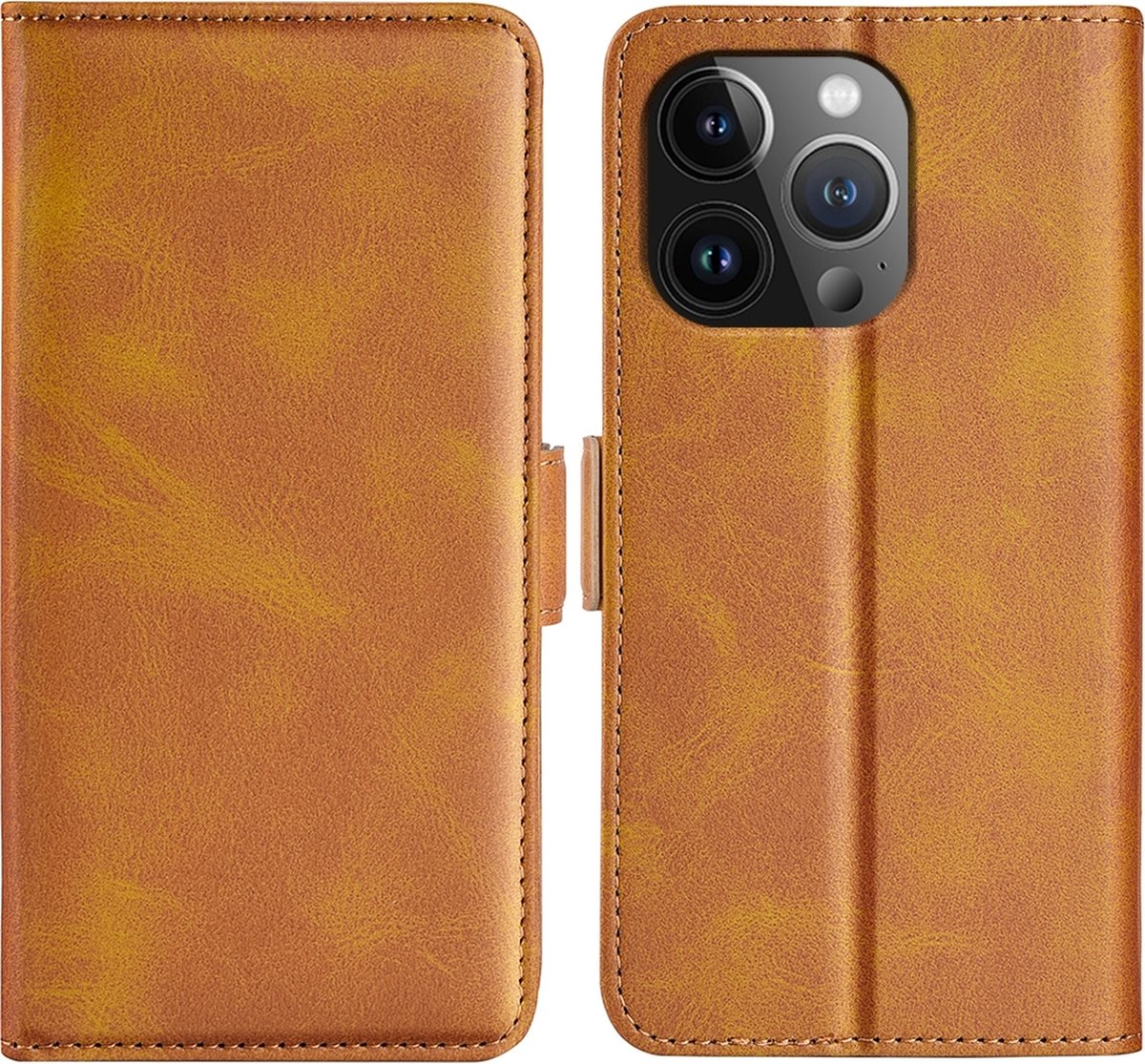 Mobigear Telefoonhoesje geschikt voor Apple iPhone 15 Pro Hoesje | Mobigear Slim Magnet Bookcase Portemonnee | Pasjeshouder voor 3 Pasjes | Telefoonhoesje voor Pinpas / OV Kaart / Rijbewijs - Cognac
