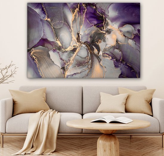 Toile Peinture Or - Violet - Marbre - 140x90 cm - Décoration murale