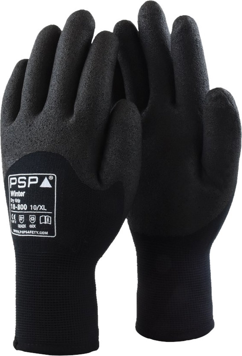 1x 12 paar - Werkhandschoenen PSP 18-800 Winter Dry Grip Pro, Zwart (per 12 paar), maat 10 / XL