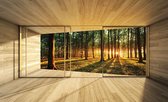 Fotobehang - Vlies Behang - Bos met Zonnestralen Terras Zicht 3D - 254 x 184 cm