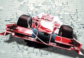 Fotobehang - Vlies Behang - Rode Formule 1 Auto uit Stenen Muur 3D - 254 x 184 cm