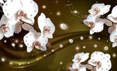 Fotobehang - Vlies Behang - Sprankelende Orchideeën en Diamanten - Bloemen Kunst - 208 x 146 cm
