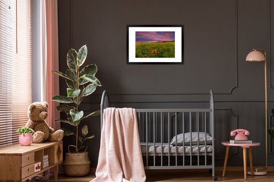 Ciel rose au dessus d'une prairie fleurie 60x40 cm