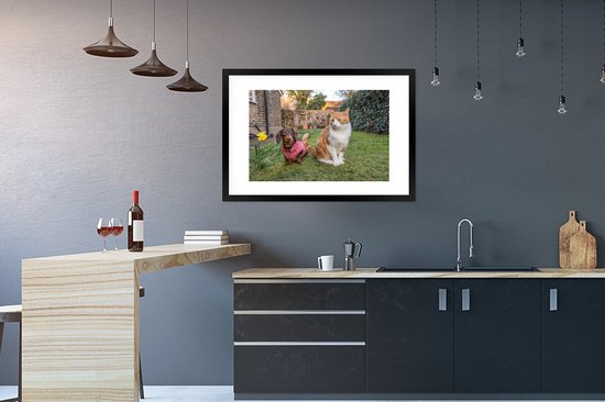 Affiche avec cadre Chien - Chat - Jardin - 90x60 cm