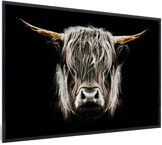 Cadre photo avec affiche Zwart Wit- Scottish Highlander - Or - Cornes - Zwart Blanc - Vache - Animaux - 30x20 cm - Cadre pour affiche
