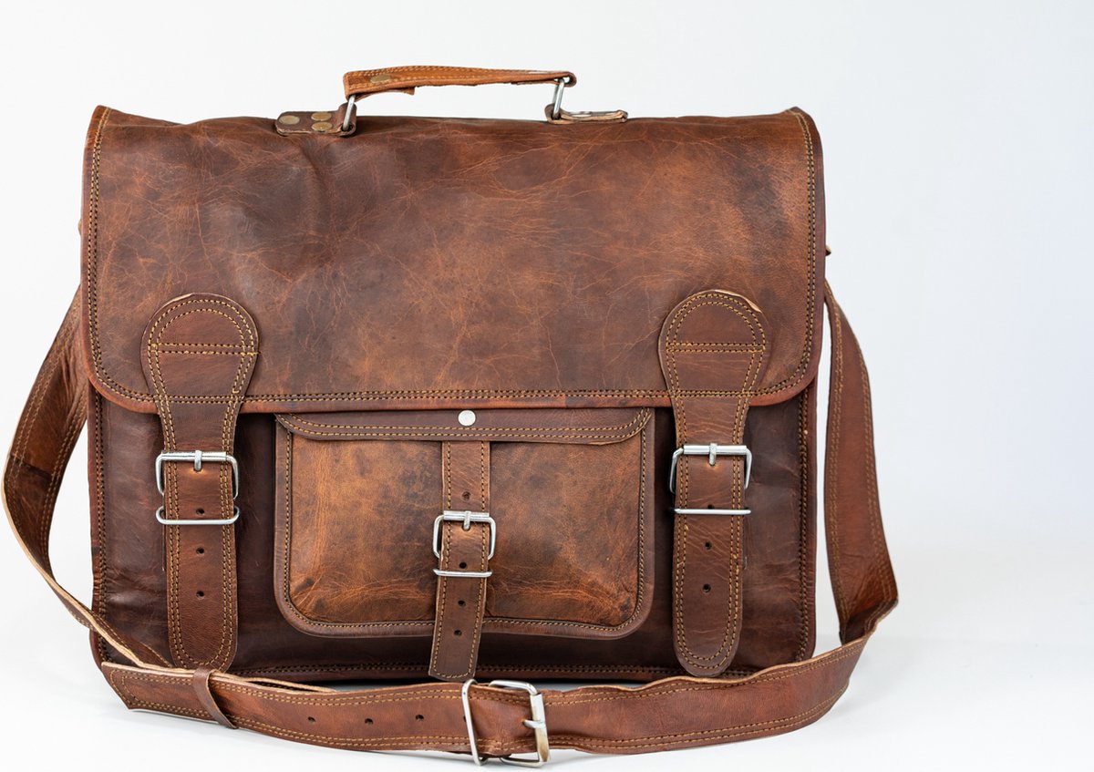 Laptoptas 15,6 inch “Granada” – Bruin ECHTE LEDER Messengertas - Unisex Vintage Look Satchel Working bag 42 x 29 x 11 cm (MODEL061)