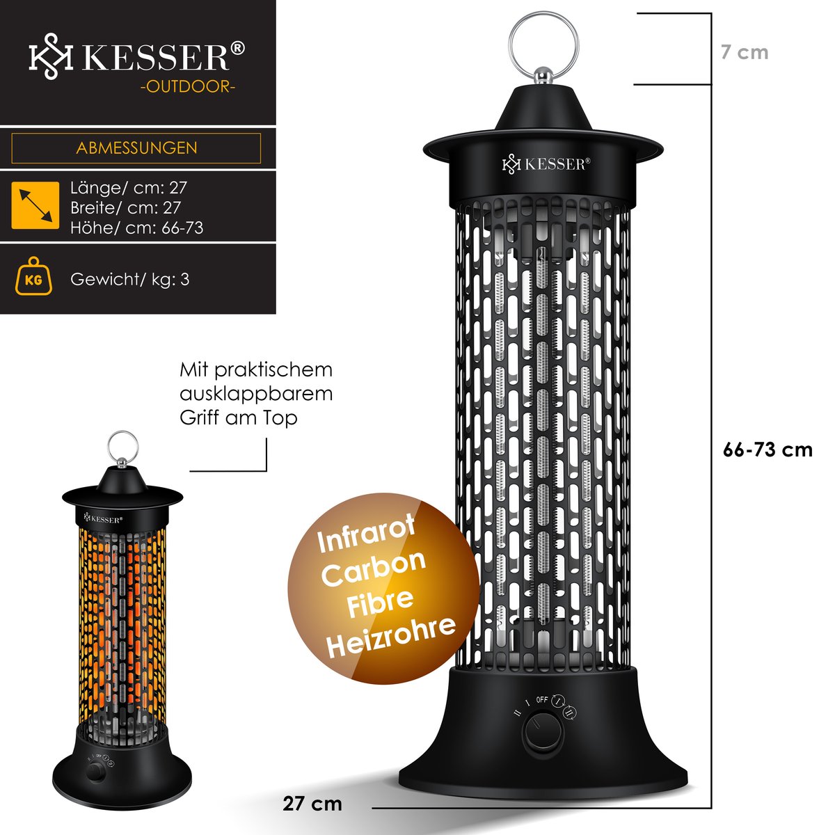 KESSER Terrasverwarmer Elektrisch 1200 W Staand - Infrarood Heater voor Binnen en Buiten, IP55, In Hoogte Verstelbaar - Zwart – foto 3
