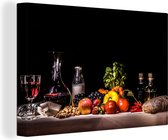 Stilleven schilderij - Eten en drinken - Tafel - Kleed - Wijn - Canvas stilleven - Schilderij stilleven - Wanddecoratie - 120x80 cm