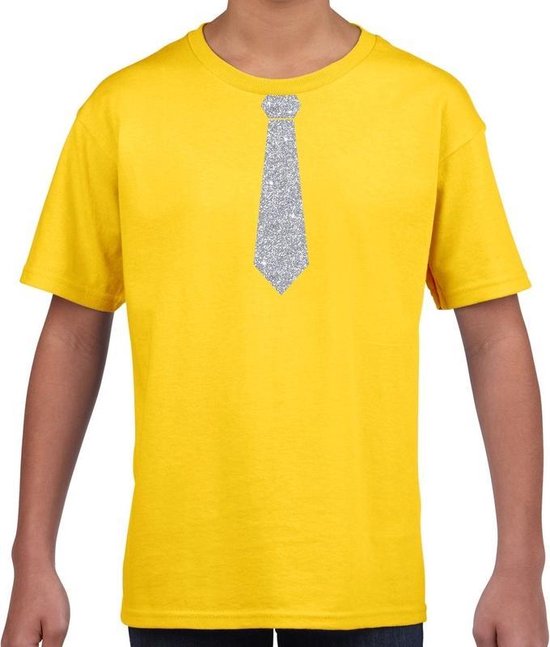 Geel fun t-shirt met stropdas in glitter zilver kinderen - feest shirt voor kids 134/140