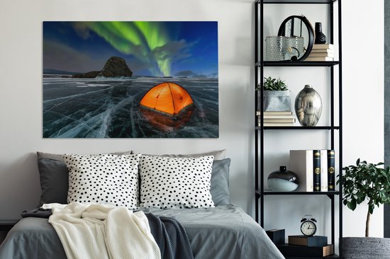 Tente sur la glace sous les aurores boréales toile 2cm 140x90 cm - Tirage photo sur toile (Décoration murale salon / chambre) / Phénomènes naturels Peintures sur toile