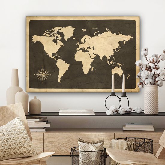 Peintures sur toile Wereldkaart - Rose des vents - Vintage - 150x100 cm - Décoration murale