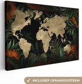 Canvas Wereldkaart - 60x40 - Wanddecoratie Wereldkaart - Vintage - Bladeren