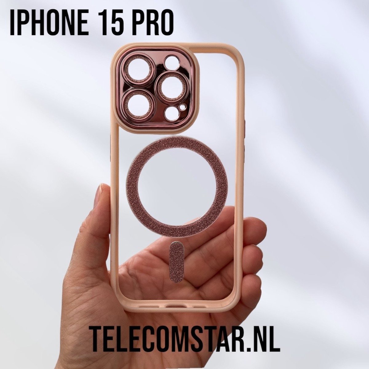 Apple iPhone 15 Pro Hoesje Magsafe - Magneet Case met Ring Roze Glitter met Camera lens bescherming