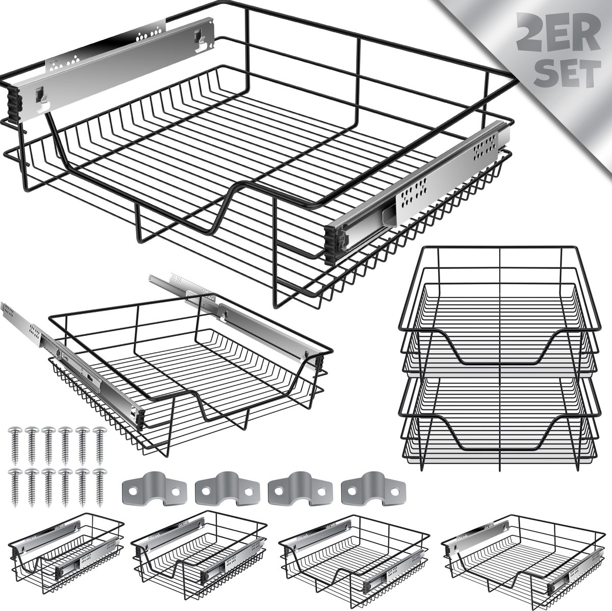 KESSER® Keukenlade / Telescopische lade / Keukenkast / Mand uittrekbaar / Kast uittrekbaar / Volledig uittrekbaar / Lade - 2x 60cm - Zwart