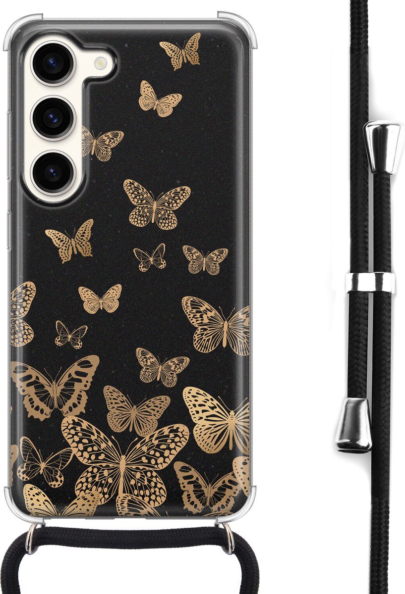Hoesje met koord - Geschikt voor Samsung Galaxy S23 - Vlinders - Verstelbaar zwart koord - Crossbody - Print / Illustratie - Zwart, Transparant - Leuke Telefoonhoesjes