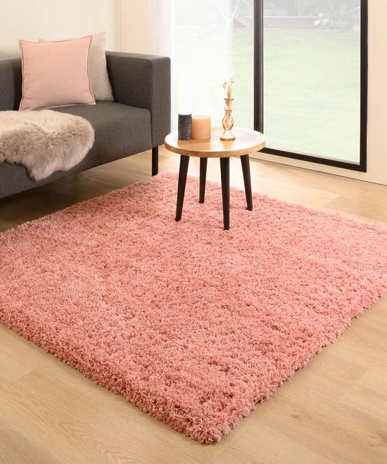 Vierkant hoogpolig vloerkleed - Cozy Shaggy - roze 140x140 cm