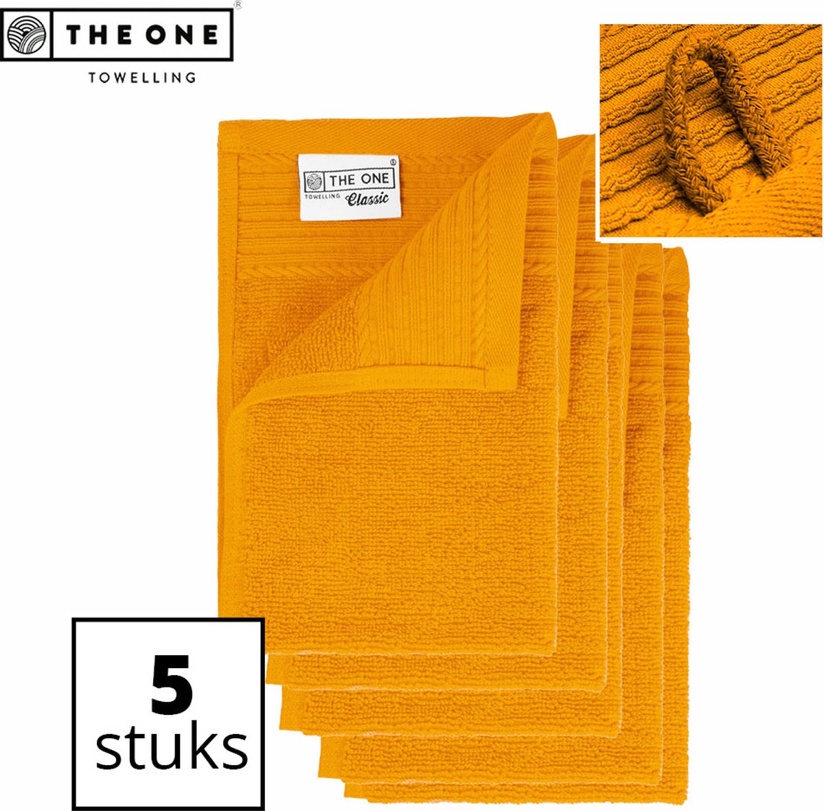 The One Towelling Classic Gastendoeken - Voordeelverpakking - Hoge vochtopname - 100% Zacht katoen - 30 x 50 cm - Okergeel - 5 Stuks