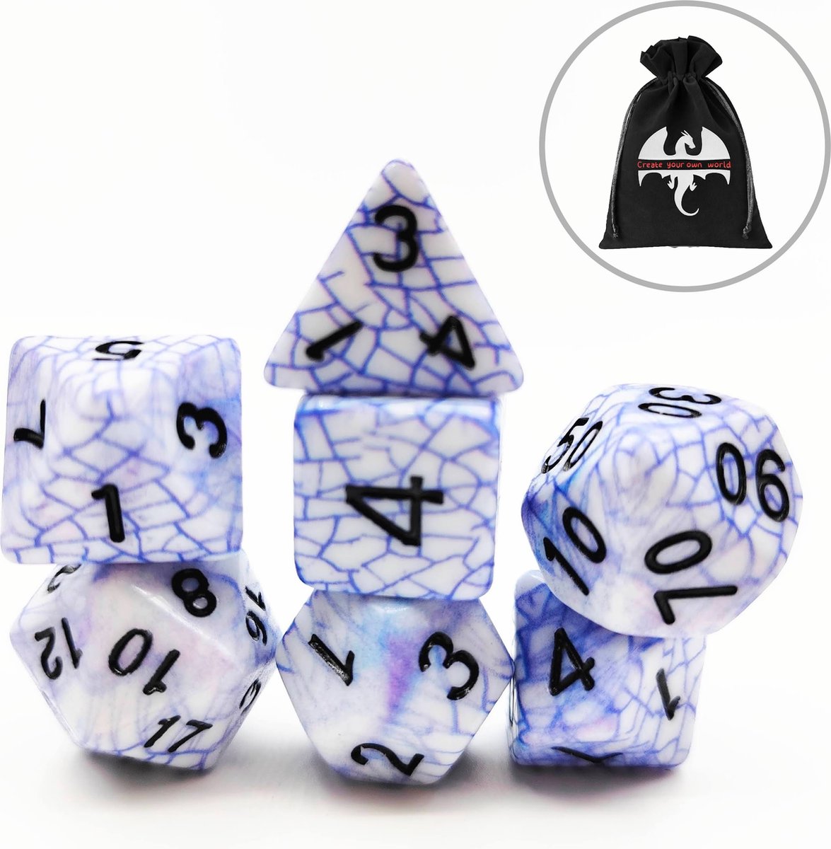 Lapi Toys - Dungeons and Dragons dobbelstenen - DnD - D&D - Polydice - 1 set (7 stuks) - Acryl - Wit - Blauw